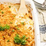 This is the best gluten-free corn souffle in the entire world {and is so easy to put together and throw in the oven!}! Creamy cheesy gluten-free ingredients are mixed and melted together, baked to sweet perfection with sweet crunchy toppings on top! www.blessherheartyall.com