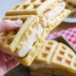 Bourbon brown sugar ice cream is placed between two fresh gluten-free brown sugar waffles for a fun gluten free adult version of the ice cream sandwich.