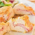 This gluten free chicken cordon bleu recipe is both quick and easy. Crunchy outer coating and juicy chicken in the middle, all topped with warm ham and ooey gooey melted swiss cheese! www.blessherheartyall.com
