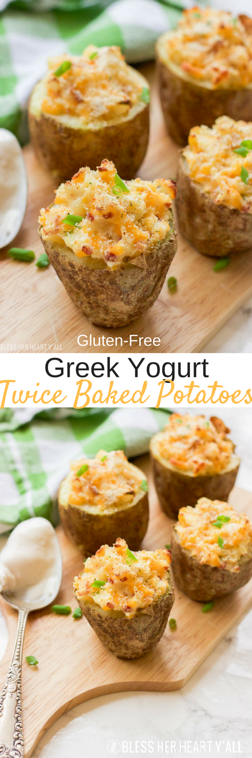 These gluten-free greek yogurt twice baked potatoes are perfectly portioned baked potatoes that are then loaded with healthy creamy greek yogurt, bacon crumbles, spices, and cheese and then baked a second time until the tops are golden brown and crunchy. 