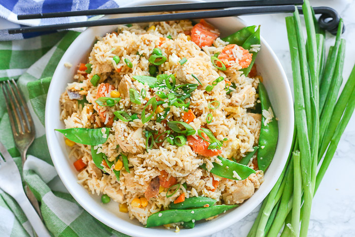 chicken fried rice in white bowl