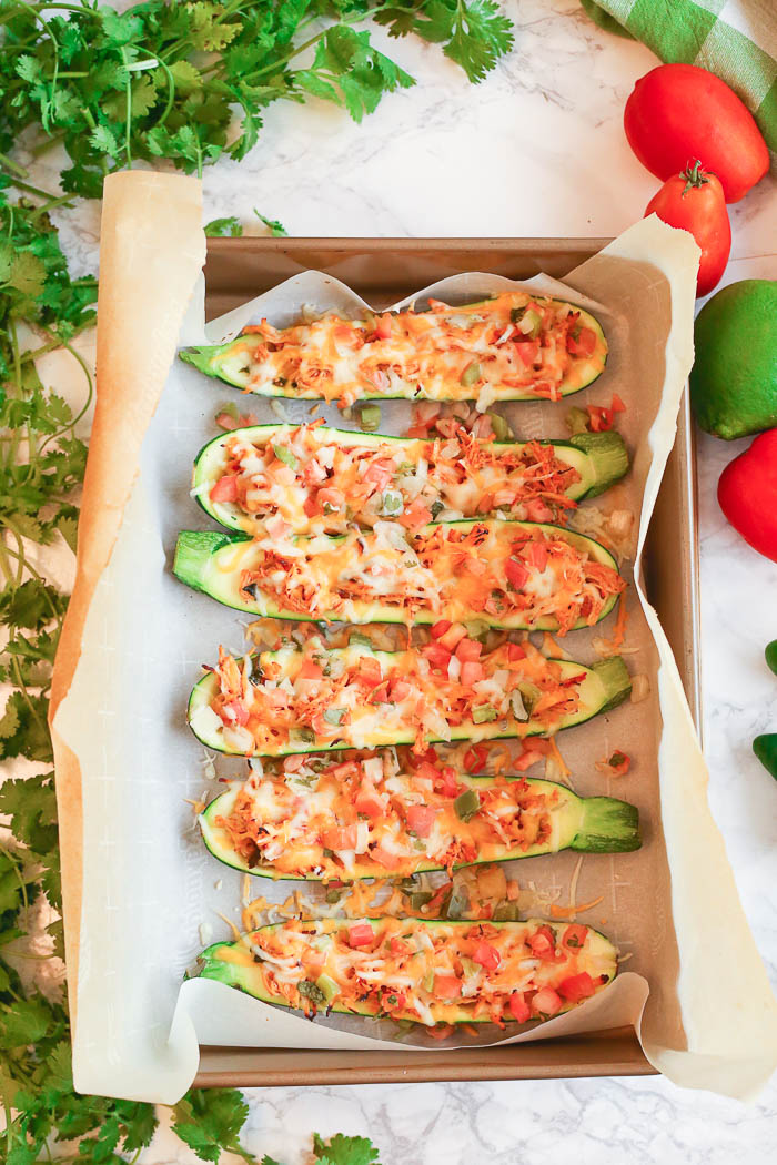 shredded chicken taco zucchini boats from above