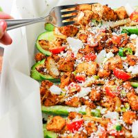 This Skinny Chicken Taco Zucchini Boat recipe is very easy to make, takes only 30 minutes to put together and is low-carb/gluten-free/take-out-the-tortillas-and-add-in-tender-veggies healthy alternative to chicken tacos.