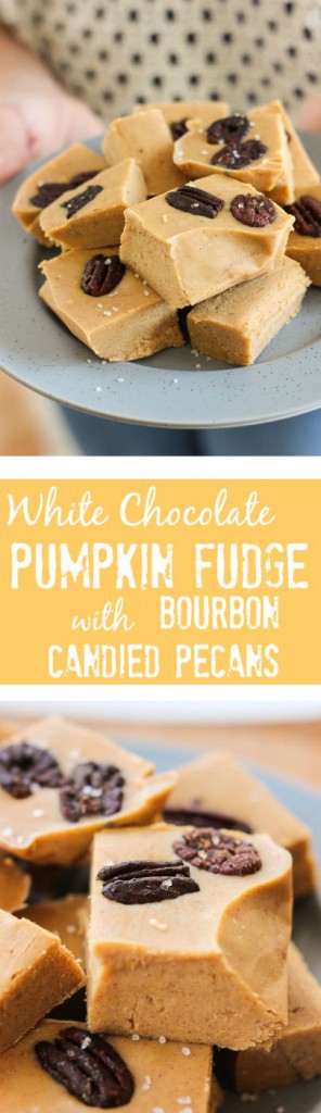 These easy and quick White Chocolate Pumpkin Fudge with Bourbon Candied Pecans are perfect for impressing your friends at your next fall party or get together! www.ahotsouthernmess.com