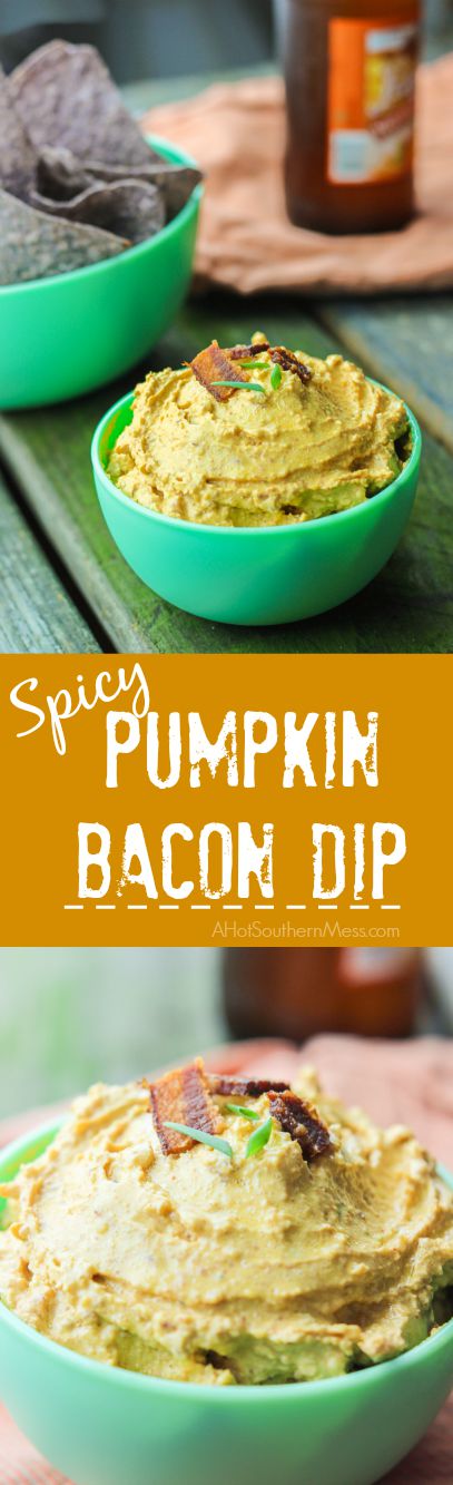This gluten-free spicy pumpkin bacon dip is the perfect party snack to bring to your next fall party, tailgate, or couch snack. This spicy dip combines the healthy creaminess of greek yogurt cream cheese and pumpkin, with the heartiness of the cheese and bacon, and the spice of garlic, green onion, and cayenne pepper. Put this lightened up dip out with your favorite dippers and it will be gone in seconds. www.ahotsouthernmess.com