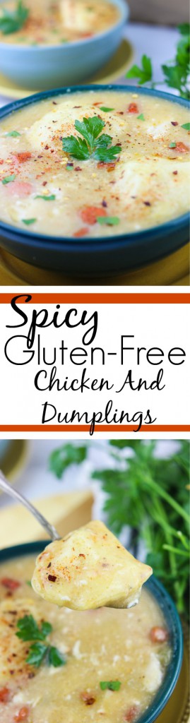 This spicy gluten-free slow cooker chicken and dumplings recipe is so easy to put together, you need just 5 minutes, and let simmer all day. The spicy taste {easily adjusted to your spice level!} pairs well with the sweet doughy gluten-free dumplings and tender bites of chicken and vegetables. Perfect for a busy fall weeknight that the whole family will love, just serve and enjoy! www.ahotsouthernmess.com