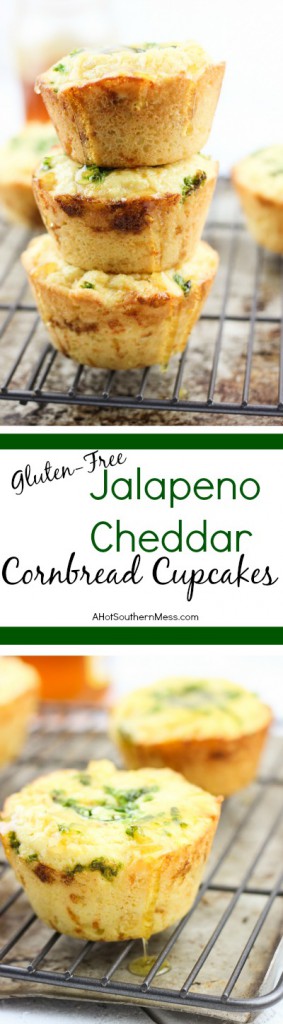 These gluten-free jalapeno cheddar cornbread cupcakes are very quick and easy to put together. The jalapeno adds some spice, the cheddar some heartiness, and the honey drizzle some sweet to finish it off. A delicious side dish to any meal that needs to warm you up and keep your belly happy. www.ahotsouthernmess.com