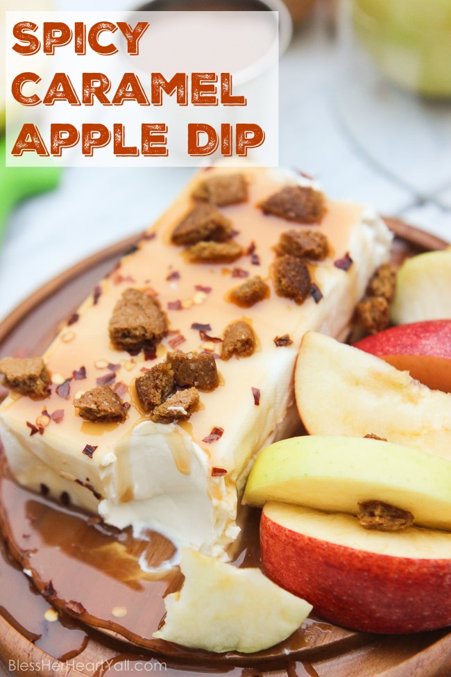 This Spicy Caramel Apple Dip is a 2-minute recipe that is both simple to make and easy to scarf down. Included in this recipe are healthier ingredients like greek yogurt and honey as well as a touch of spicy pepper, caramel drizzle, and gluten-free ginger snap crumbles, for a sweet and spicy, creamy and crunchy dip that's the perfect fall appetizer or treat for you and your hungry friends! www.blessherheartyall.com