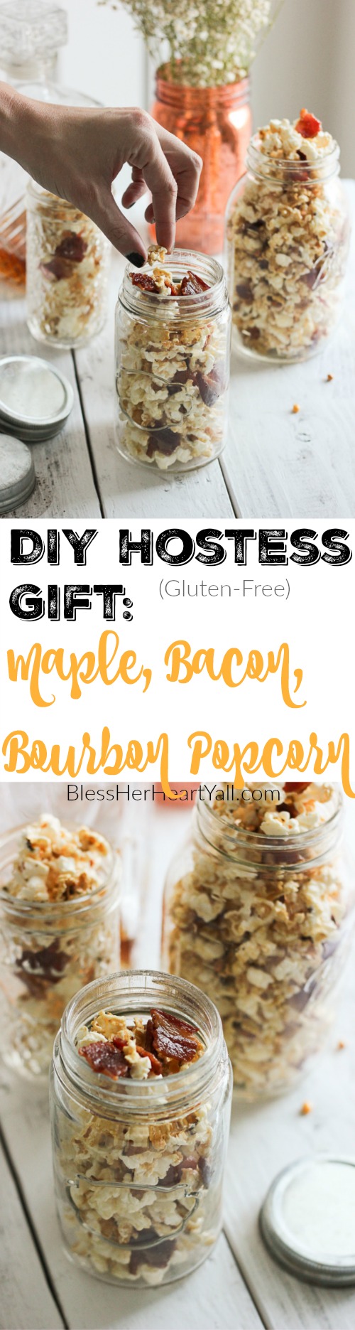 This maple, bacon, bourbon popcorn hits all the right spots, with it's freshly popped popcorn, sprinkled with thick-cut applewood bacon, and then drizzled with butter, salt, maple syrup, and of course bourbon! It's a quick, easy, and inexpensive DIY gift for friends, co-workers, and host/hostess's this holiday season! www.blessherheartyall.com