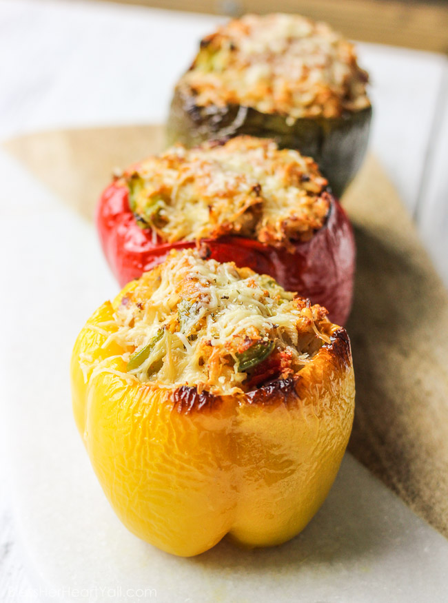 These gluten-free Thanksgiving leftovers stuffed bell peppers are the perfect excuse to eating up all those holiday leftovers. Pop these peppers in the oven after you have stuffed them silly with turkey, leftover dressing, some brown rice, and spices. Don't forget to top with shredded parmesan and sprinkle with rosemary! www.blessherheartyall.com