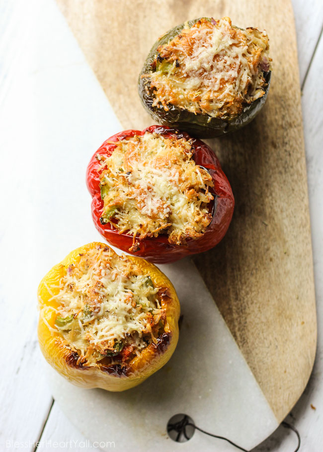 These gluten-free Thanksgiving leftovers stuffed bell peppers are the perfect excuse to eating up all those holiday leftovers. Pop these peppers in the oven after you have stuffed them silly with turkey, leftover dressing, some brown rice, and spices. Don't forget to top with shredded parmesan and sprinkle with rosemary! www.blessherheartyall.com