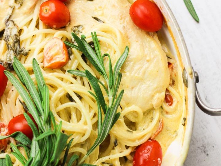 One-Pot Rosemary Goat Cheese Chicken Pasta: (Instant Pot Version Too!)