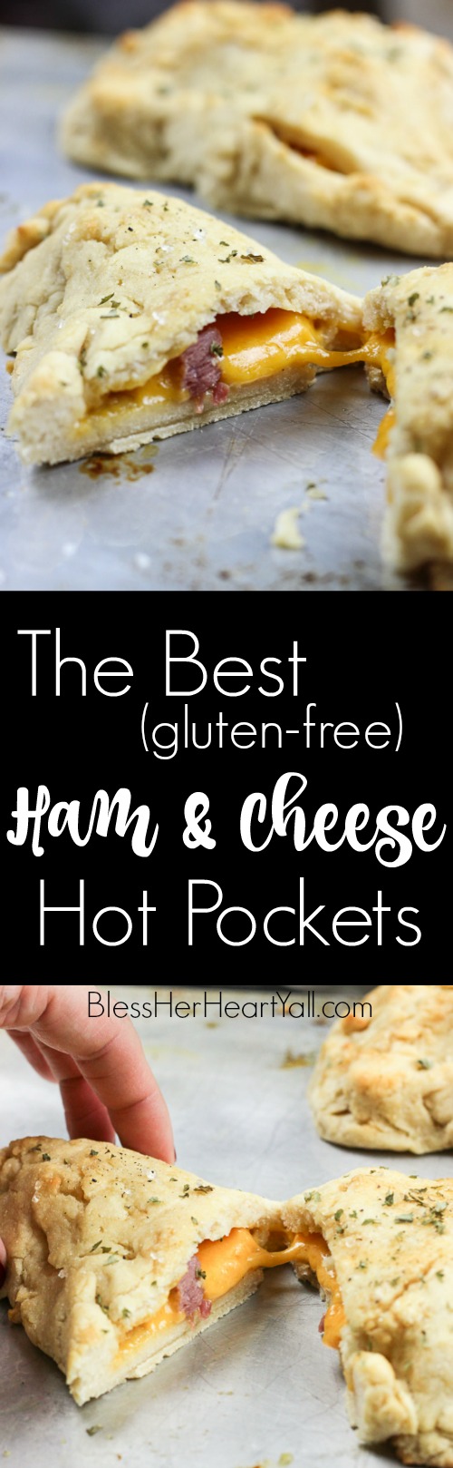 These gluten-free ham and cheese hot pockets (or calzones, or hand pies) are so easy and tasty!  Perfectly crispy pockets of smooth soft dough are stuffed with leftover Christmas ham leftovers and melty cheese, closed up, and brushed with an olive oil, honey, brown sugar, and garlic sauce.  It's the perfect tasty meal on-the-go and a great way to finish off those Christmas ham leftovers! www.blessherheartyall.com