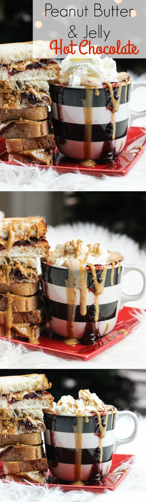 This peanut butter and jelly hot chocolate is a decadent and rich twist on the classic hot chocolate!  Melting smooth chocolate with creamy peanut butter and sweetened with your favorite berry flavor, make this an instant cold-weathered favorite! www.blessherheartyall.com