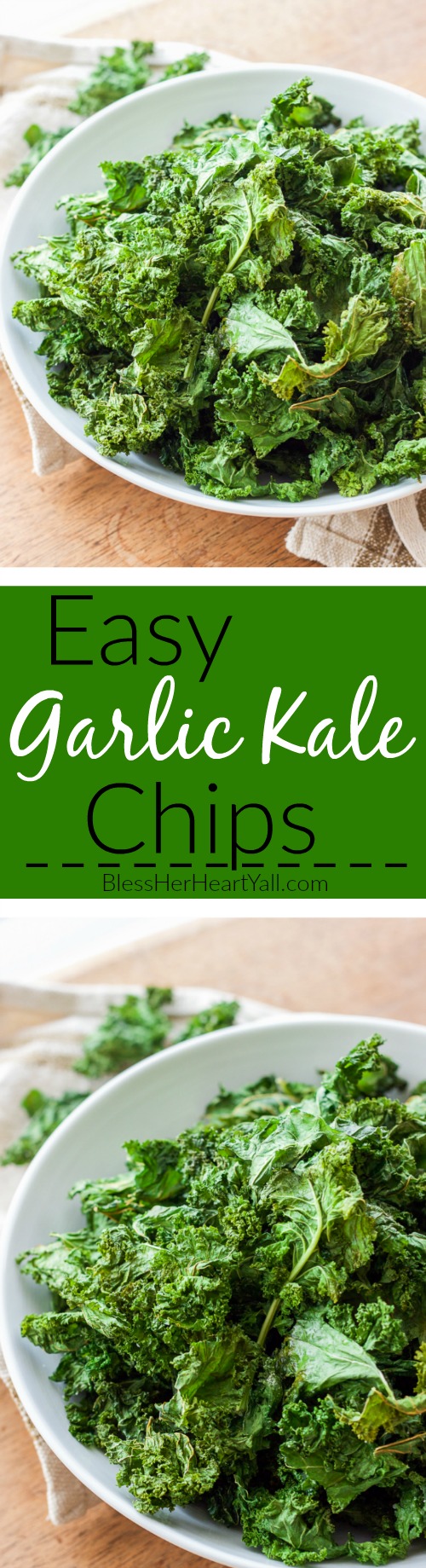 garlic kale chips | garlic, crunchy, healthy, and gluten-free! Made in minutes! OMG so good!