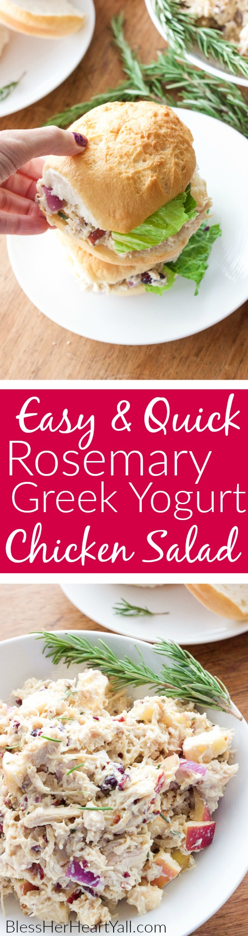 OMG yum! This rosemary greek yogurt chicken salad is a light and fresh (and gluten-free!) approach to chicken salad! The list of healthy ingredients come together to make one sweet and savory masterpiece of a salad or gluten free sandwich!
