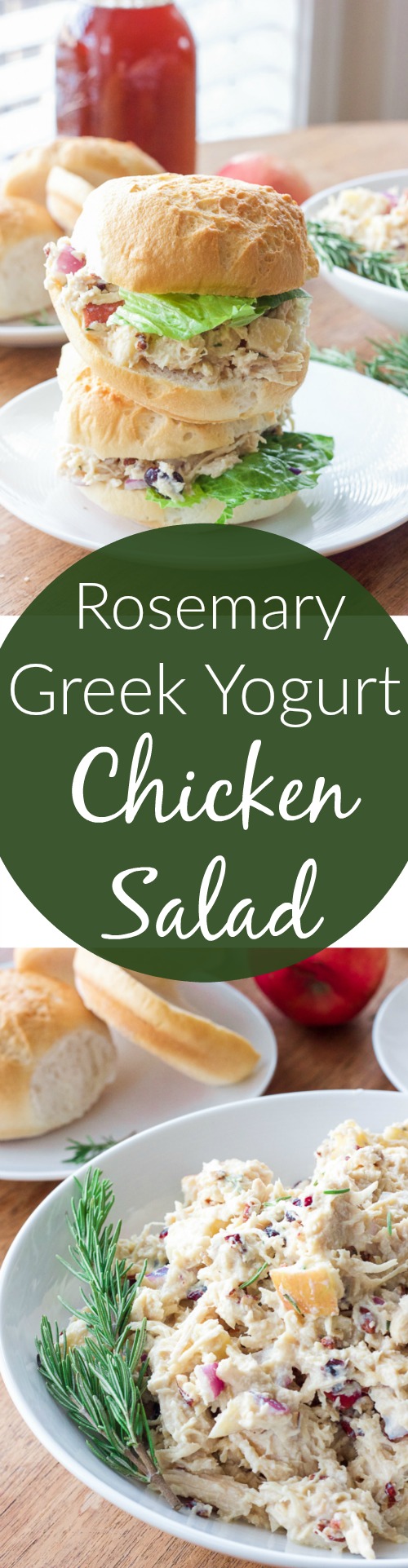 OMG yum! This rosemary greek yogurt chicken salad is a light and fresh (and gluten-free!) approach to chicken salad! The list of healthy ingredients come together to make one sweet and savory masterpiece of a salad or gluten free sandwich!