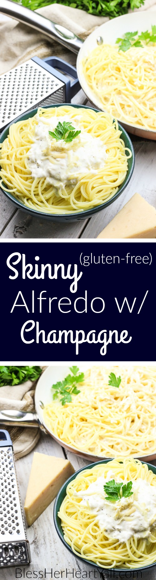 This Skinny Champagne Alfredo recipe is amazing and quick to make! Instead of those heavy unhealthy creams, healthy greek yogurt is used! And if we needed a reason to use up extra New Year's Eve champagne, here it is! It is used in lieu of chicken broth or white wine in the typical alfredo sauce! Cream, healthy, fun deliciousness! www.blessherheartyall.com