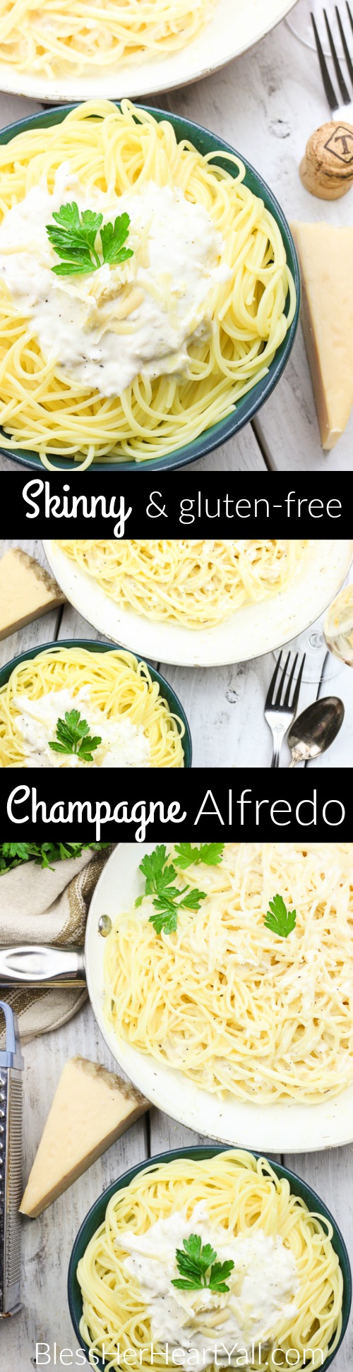 This Skinny Champagne Alfredo recipe is amazing and quick to make! Instead of those heavy unhealthy creams, healthy greek yogurt is used! And if we needed a reason to use up extra New Year's Eve champagne, here it is! It is used in lieu of chicken broth or white wine in the typical alfredo sauce! Cream, healthy, fun deliciousness! www.blessherheartyall.com