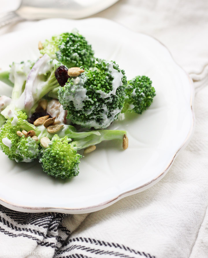 This skinny greek yogurt broccoli salad is a simple veggie dish that combines fresh broccoli spears, dried cranberries, and a sweet creamy dressing made with greek yogurt! It's the perfect healthy side dish to any winter meal! www.blessherheartyall.com