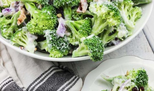 This skinny greek yogurt broccoli salad is a simple veggie dish that combines fresh broccoli spears, dried cranberries, and a sweet creamy dressing made with greek yogurt! It's the perfect healthy side dish to any winter meal! www.blessherheartyall.com