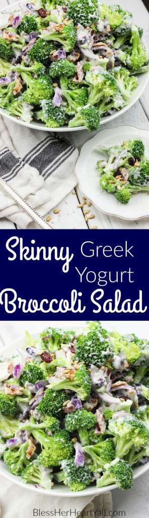 This skinny greek yogurt broccoli salad is a simple veggie dish that combines fresh broccoli spears, dried cranberries, and a sweet creamy dressing made with greek yogurt! It's the perfect healthy side dish to any winter meal! www.blessherheartyall.com