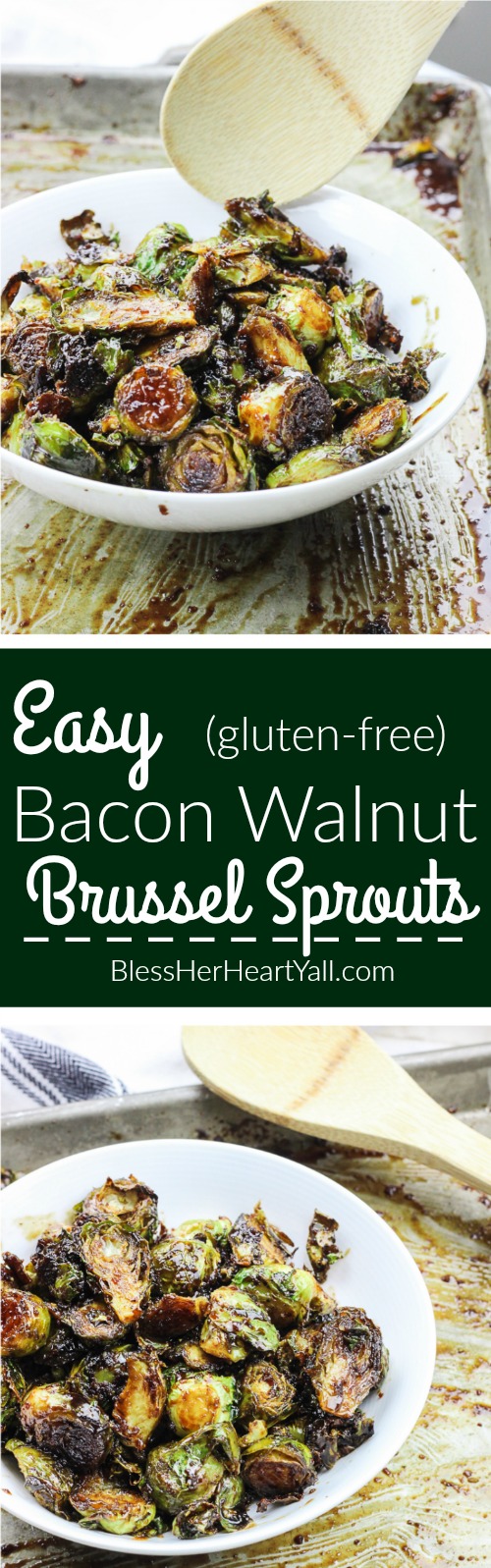 These roasted bacon walnut brussel sprouts are an easy side dish full of sweet hearty flavors! The sprouts are roasted in lemon juice and olive oil before being drizzled with a bacon walnut reduction and then quickly roasted again! www.BlessHerHeartYall.com