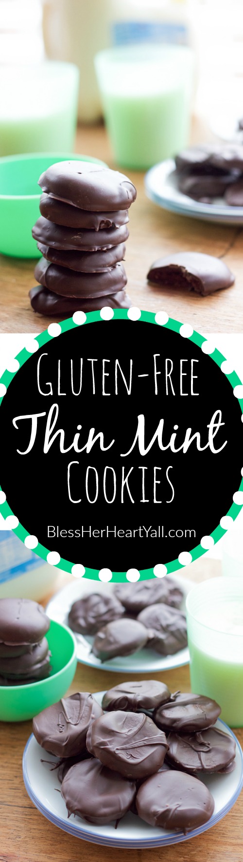 gluten-free thin mint cookies! These gluten-free thin mint cookies are the best gluten-free Girl Scout cookie copy cat recipe that it just may beat out the real thing! Get your Girl Scout cookie fix the homemade way with these crisp, minty, chocolate favorites!