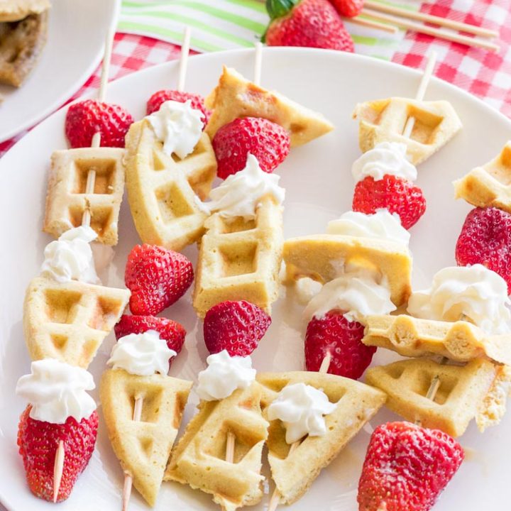 How awesome! These gluten-free waffle skewers make breakfast fun and tasty. The sweet brown sugar waffles go great with fresh berries and creamy whipped cream. And the best part? Breakfast is on a stick!