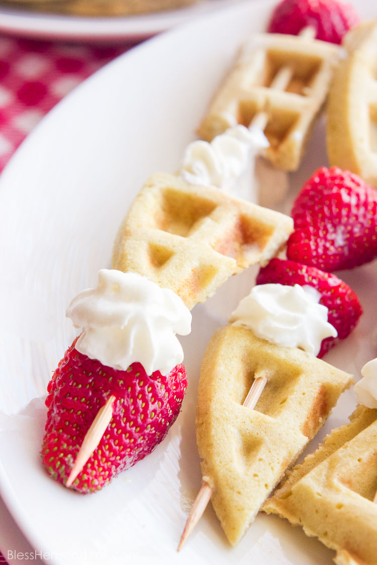 How awesome! These gluten-free waffle skewers make breakfast fun and tasty. The sweet brown sugar waffles go great with fresh berries and creamy whipped cream. And the best part? Breakfast is on a stick!