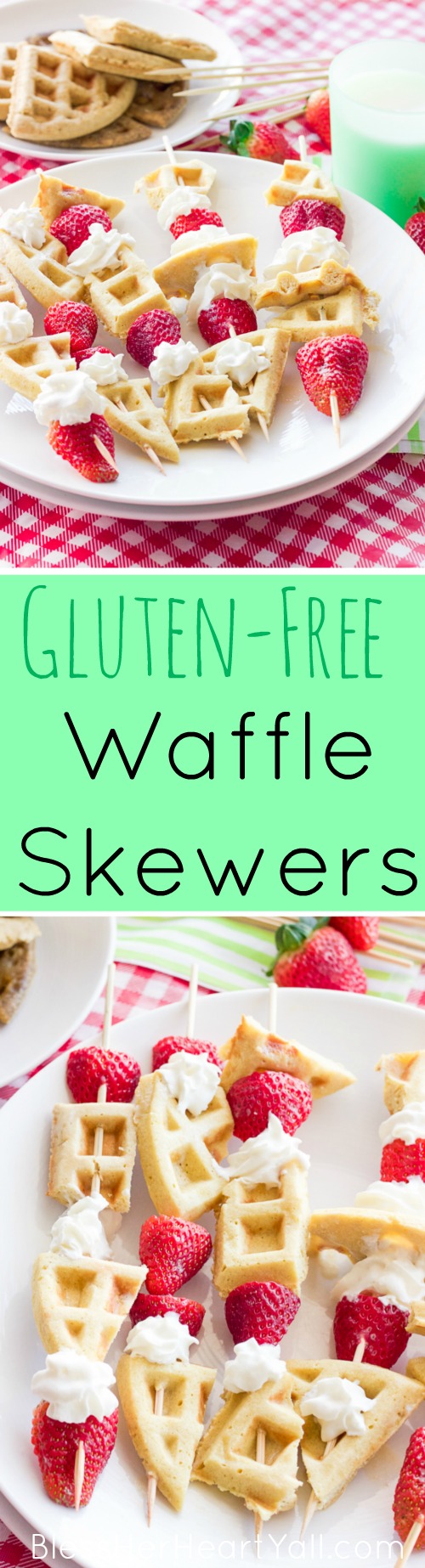 These gluten-free waffle skewers make breakfast fun and tasty.  The sweet brown sugar waffles go great with fresh berries and creamy whipped cream.  And the best part?  Breakfast is on a stick!