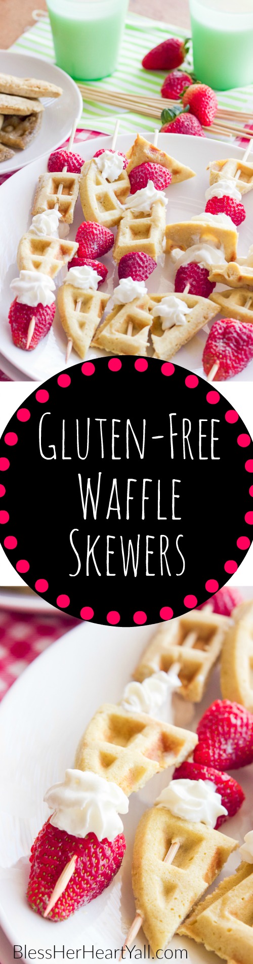 These gluten-free waffle skewers make breakfast fun and tasty.  The sweet brown sugar waffles go great with fresh berries and creamy whipped cream.  And the best part?  Breakfast is on a stick!