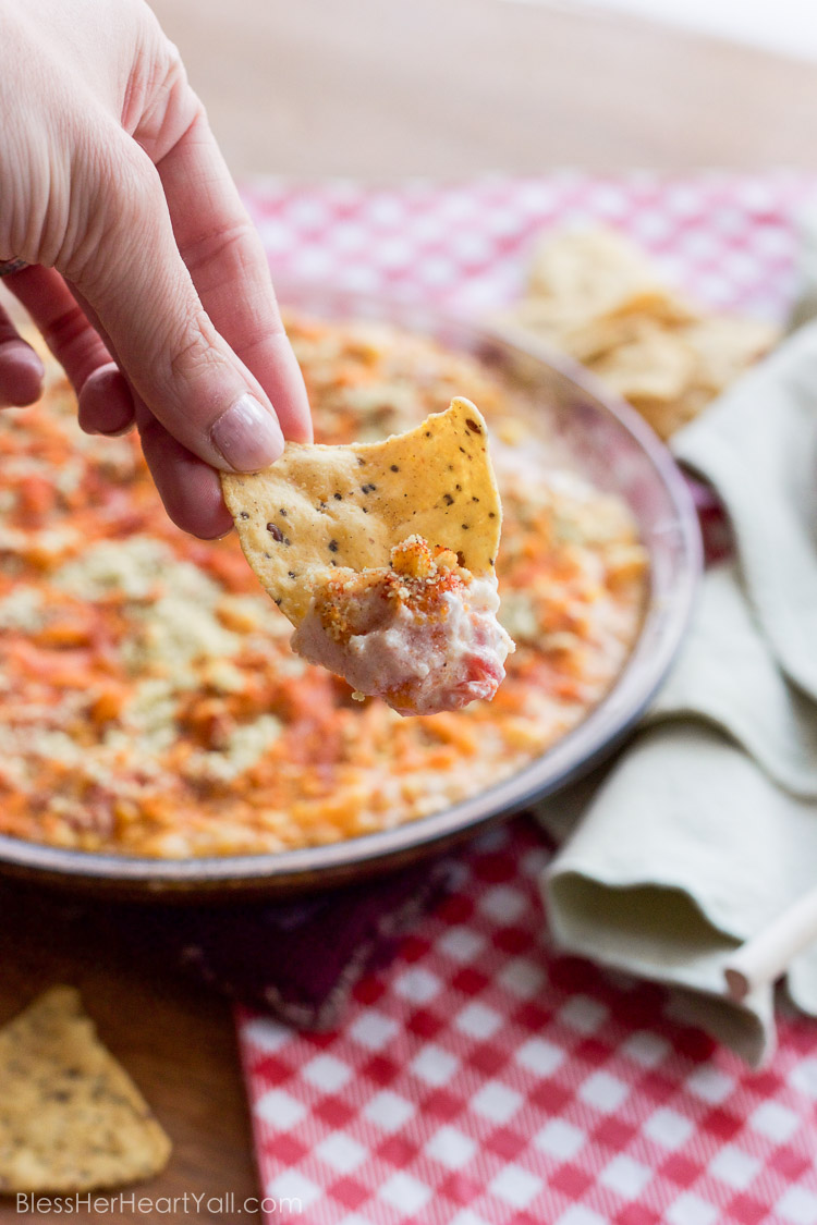 Yum! This southern seaside crab dip combines gluten-free heart-healthy crab with melty cheese, diced tomatoes and peppers, and sweet corn kernels for a delicious and easy dip that everyone loves!