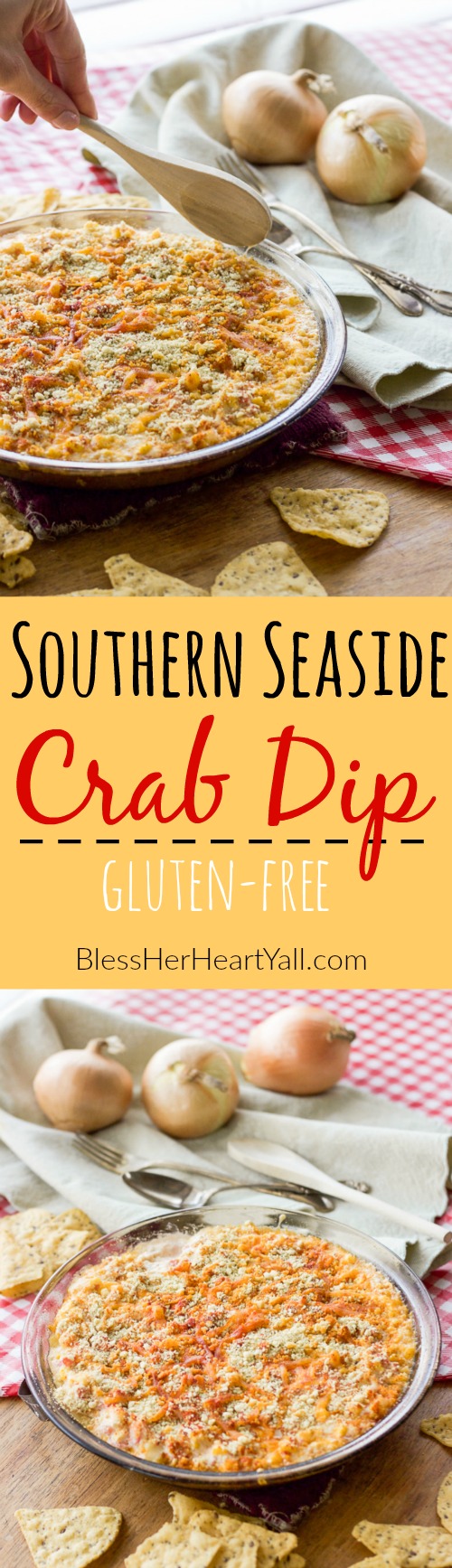 Yum! This southern seaside crab dip combines gluten-free heart-healthy crab with melty cheese, diced tomatoes and peppers, and sweet corn kernels for a delicious and easy dip that everyone loves!