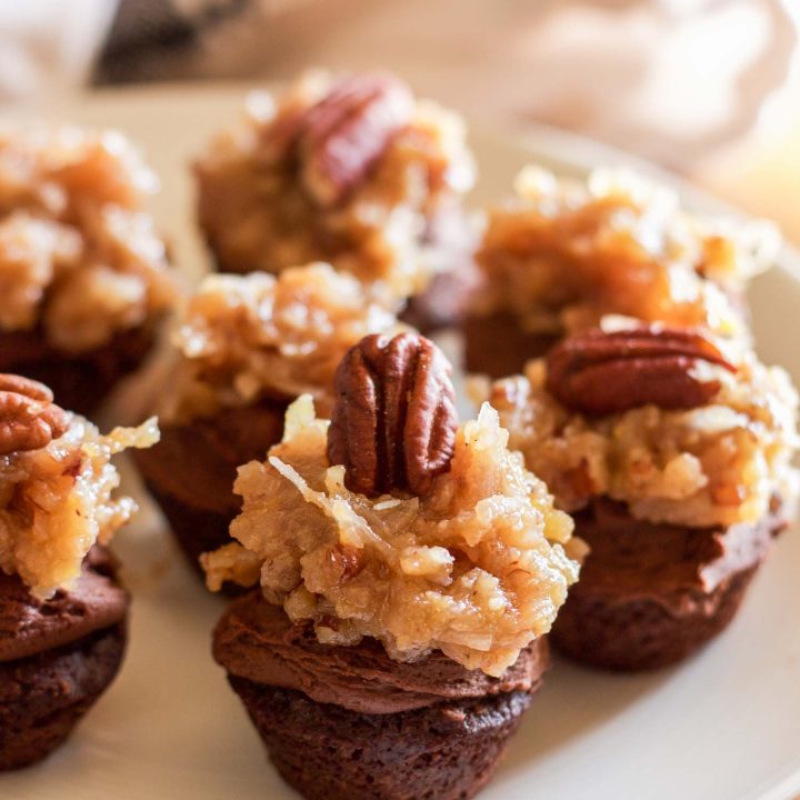 These fluffy and soft made-from-scratch gluten-free german chocolate mini cupcakes are a decadent little sweet treat, perfect for when you need a bite of something full of coconut, chocolate, and creaminess!