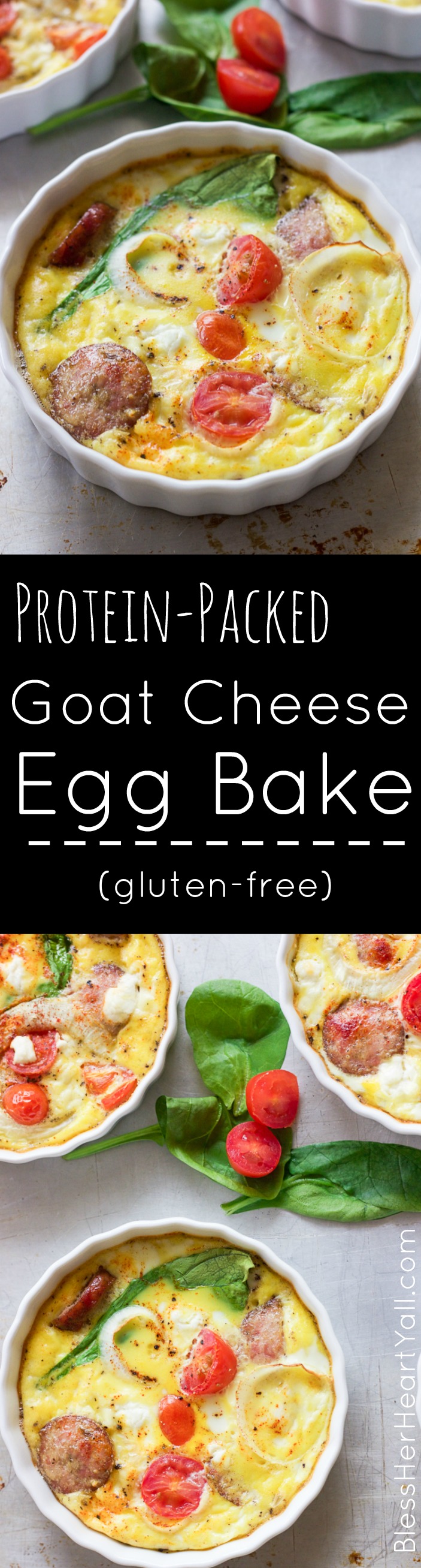 This gluten-free protein packed goat cheese egg bake combines the protein punch of fresh eggs, spinach, and breakfast sausage, with the flavors of creamy goat cheese, tomatoes and a little sweet onion slices for one amazing baked breakfast to fuel your morning right!