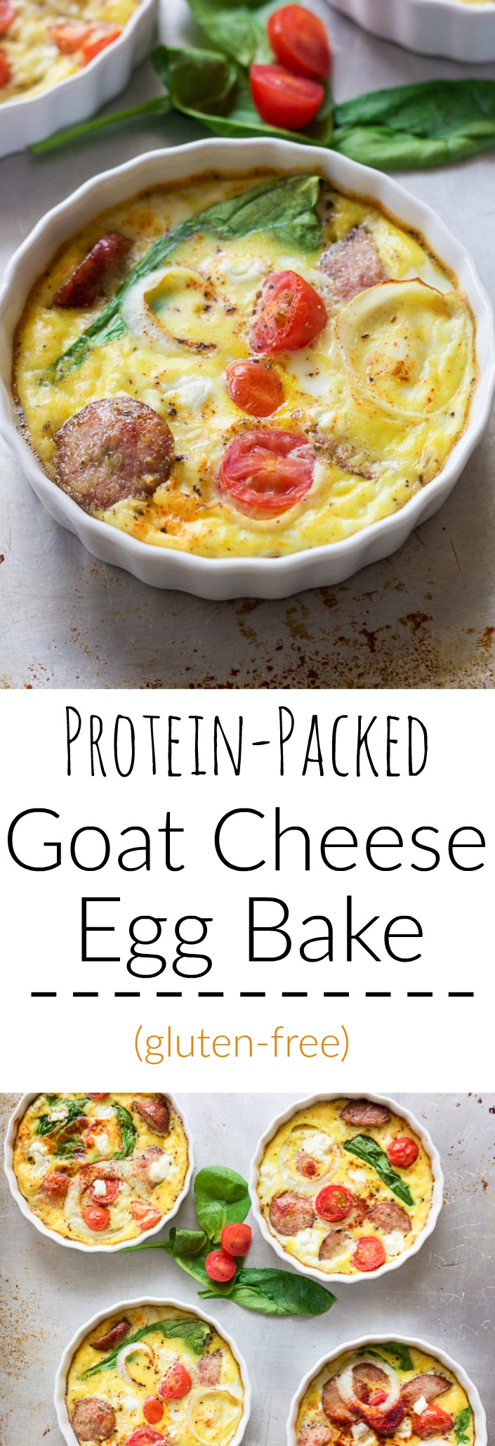 This gluten-free protein packed goat cheese egg bake combines the protein punch of fresh eggs, spinach, and breakfast sausage, with the flavors of creamy goat cheese, tomatoes and a little sweet onion slices for one amazing baked breakfast to fuel your morning right!