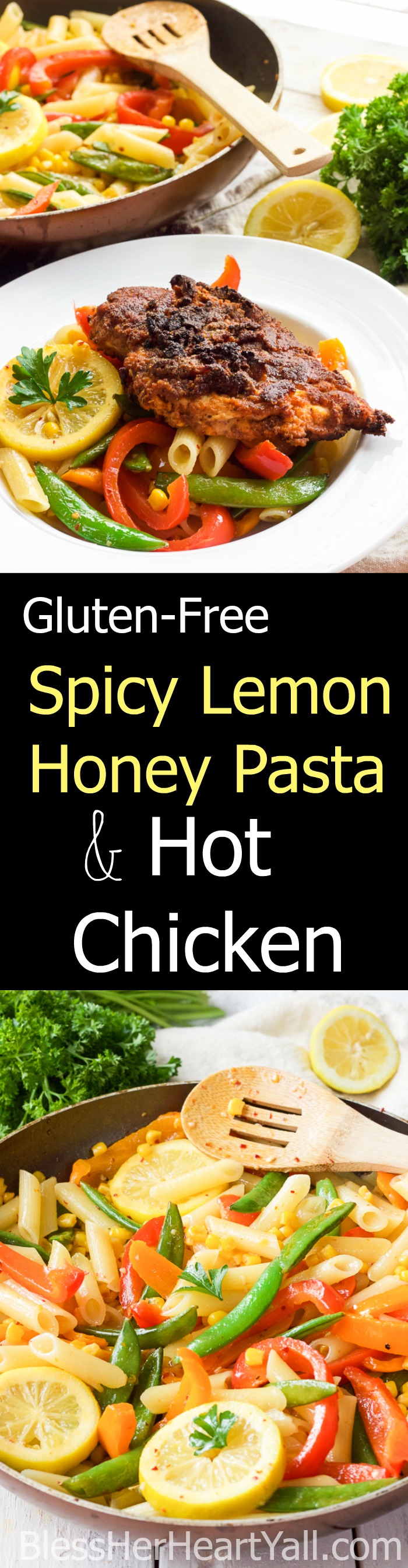 This spicy lemon honey hot chicken pasta dish is an amazing light, sweet and spicy pasta dish, topped with juicy, crispy gluten-free hot chicken, for one delicious meal!