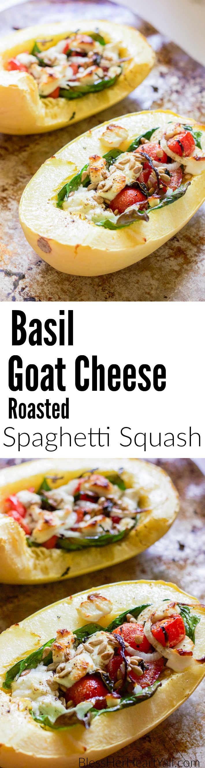 This basil goat cheese spaghetti squash combines creamy goat cheese, fresh basil and grape tomatoes, and of course a bit of garlic into this amazing and fresh dish that's just perfect if you are looking for something light, cheesy, and delicious!