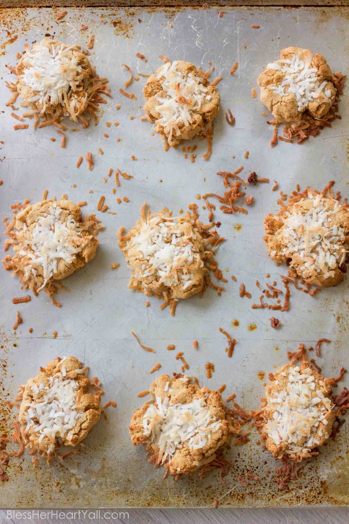 These quick gluten-free smashed coconut peanut butter cookies combine coconut flour, peanut butter, and fresh coconut flakes together for fluffy and sweet cookies in just minutes!