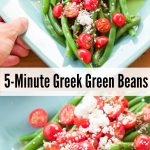These 5 minute greek green beans use fresh cooked green beans that are drizzled with a quick homemade greek dressing and topped with fresh tomato and feta cheese crumbles. They are great served warm or cold and are perfect for all those summer parties!
