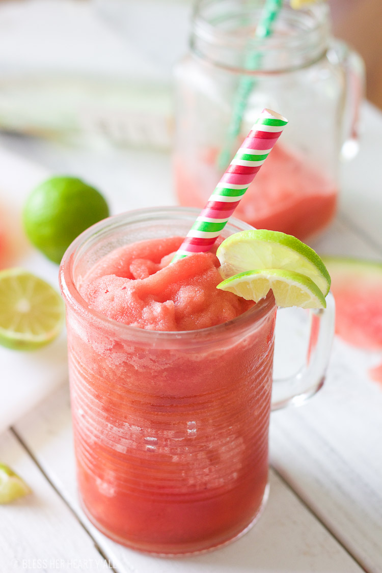 This frozen watermelon jalapeno bellini recipe is what any summer weekend calls for! Frozen watermelon is mixed with fresh jalapeno, lime juice, and a sprinkle of coconut sugar for a cool refreshing cocktail that's the perfect amount of sweet with a spicy finish!