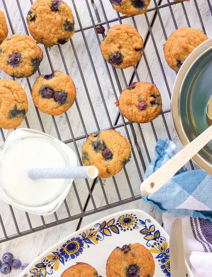 These gluten-free blueberry mini muffins are also grain-free and dairy-free! Grab a few of these moist fluffy muffins for your busy mornings on-the-go!