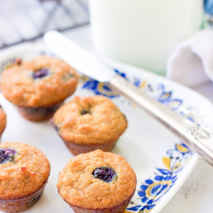 These mini gluten-free blueberry muffins are also grain-free and dairy-free! Grab a few of these moist fluffy muffins for your busy mornings on-the-go!