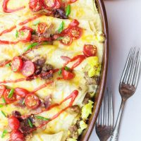 This delicious recipe for gluten-free breakfast enchiladas will wake anyone's taste buds up for the day! The combination of fluffy eggs and spicy breakfast sausage wrapped in corn tortillas and then topped with a seasoned cheese drizzle, baked and then loaded with fresh veggie chunks and bacon crumbles will make anyone's morning sunny!