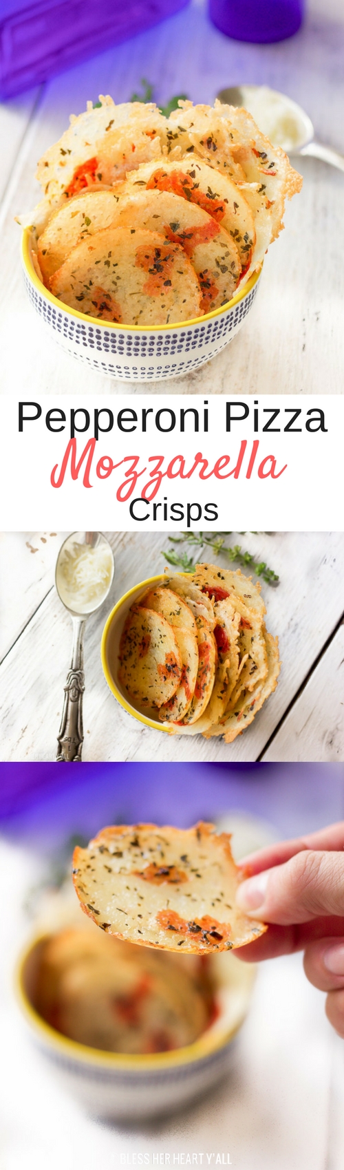 These pepperoni pizza mozzarella crisps are the perfect little dippable appetizer or snack. Shredded mozzarella cheese is quickly baked with pepperoni pieces, garlic, and basil into crispy addictive bites that are easily dunkable into your favorite marinara sauce!