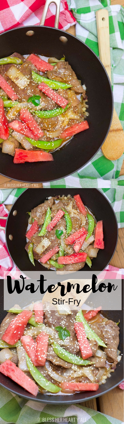 This simple watermelon stir-fry recipe combines the sweet refreshing flavors of juicy ripe watermelon with the savoury flavors of the asian-inspired stir-fry! The perfect-for-summer sauce has just a touch of sweet and light with it's combination of fresh lime juice and garlic. This summer dish definitely won't weigh you down in the sizzling heat!