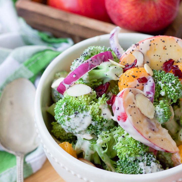 This healthy fall broccoli salad is gluten-free, grain-free, vegetarian, and is with bursting with autumn flavor! Greek yogurt, honey, lime juice, fresh and dried fruits, and almonds are tossed together to create a light, sweet, and creamy drizzle that's perfect for any fall table setting!