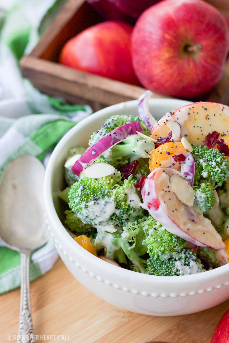 This healthy fall broccoli salad is gluten-free, grain-free, vegetarian, and is with bursting with autumn flavor! Greek yogurt, honey, lime juice, fresh and dried fruits, and almonds are tossed together to create a light, sweet, and creamy drizzle that's perfect for any fall table setting!