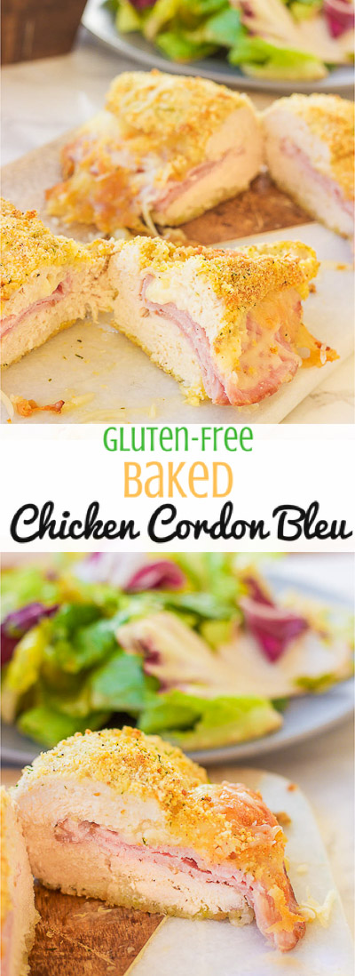 This gluten-free chicken cordon bleu recipe is both quick and easy. Crunchy outer coating and juicy chicken in the middle, all topped with warm ham and ooey gooey melted swiss cheese! www.blessherheartyall.com